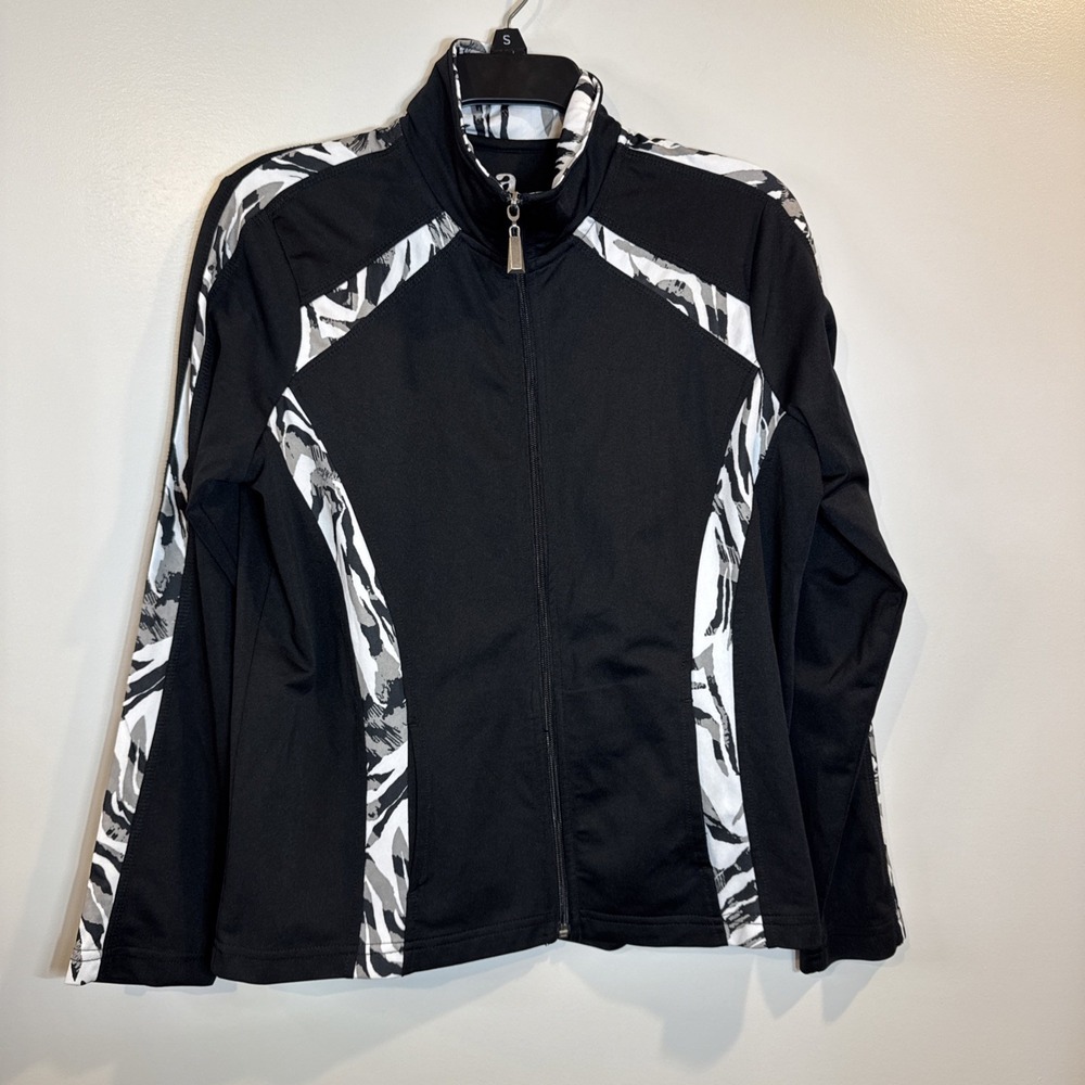 Activology Womens PS Petite S Black White Abstract Print Full Zip Track Jacket
